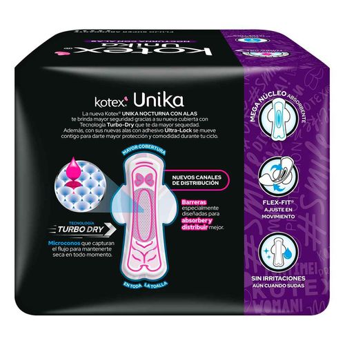 Toallas Femeninas Kotex Unika Nocturna con Alas 10 Toallas