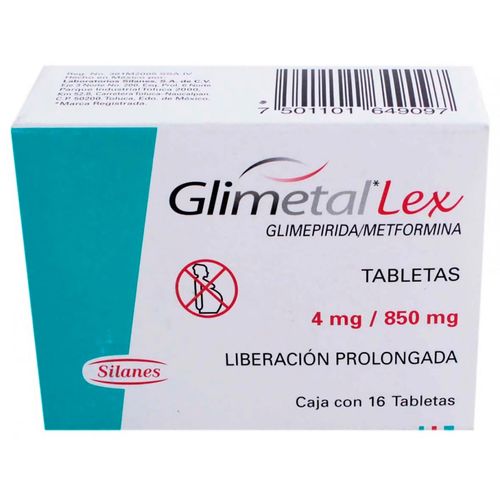 Tabletas Glimetal Lex 4mg/850mg Liberación Prolongada Caja con 16 Tabletas