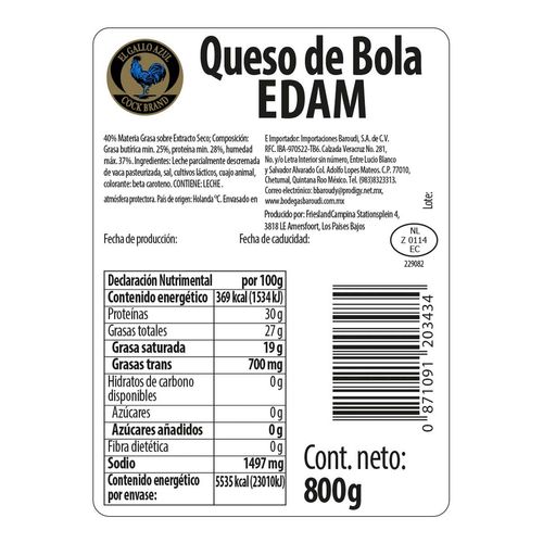 Queso El Gallo Azul Edam Cheese 800g