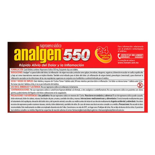 Tabletas Analgen 550mg Doble Acción Caja con 12 Tabletas