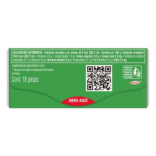 Goma de Mascar sin Azúcar Trident Val-U-Pak sabor Yerbabuena de 30.6g con 18 piezas