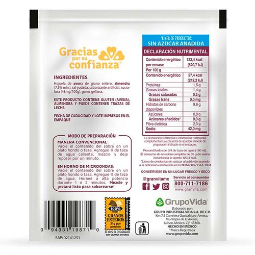 Avena instantánea Granvita 0% azúcar sabor vainilla 35g