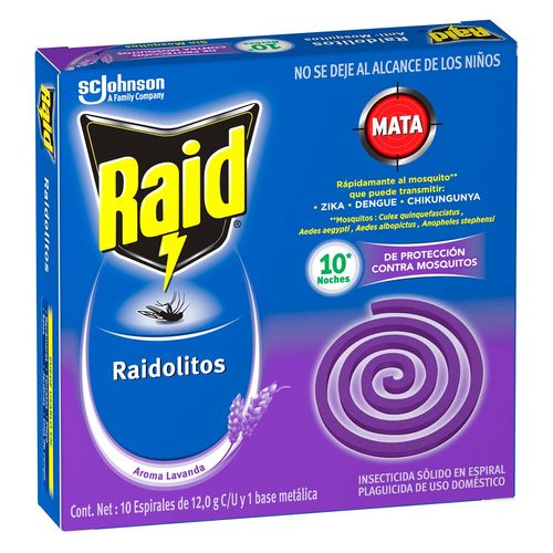 Insecticida Raid mata Mosquitos aroma lavanda 10 espirales de 12.0g cada uno