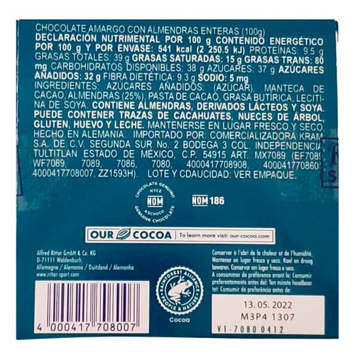 Chocolate Ritter Sport Amargo Almendra 100g