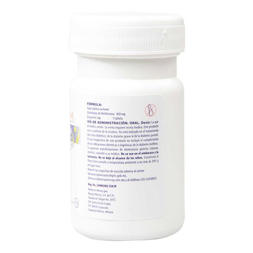 Tabletas Metformina 850mg Frasco con 30 Tabletas