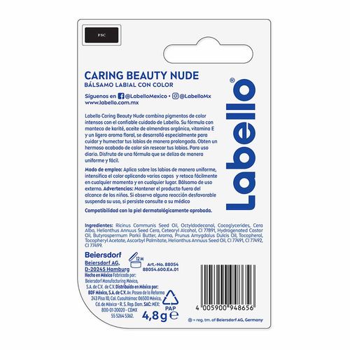 Bálsamo Labial LABELLO Caring Beauty Nude Color Intenso y Cuidado Duradero 4.8 g