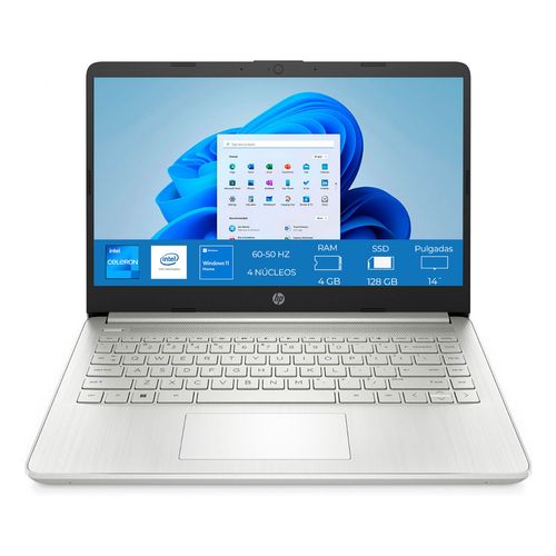 Laptop HP 14 Pulgadas RAM 4GB 128GB SSD Intel Celeron N4120 2.6Ghz 0B04319 Plata.