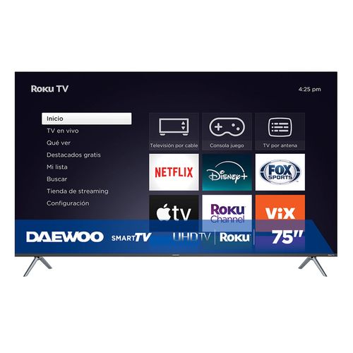 Pantalla Daewoo 75 Pulgadas Smart TV Roku UHD Frameless DAW75URF Negra