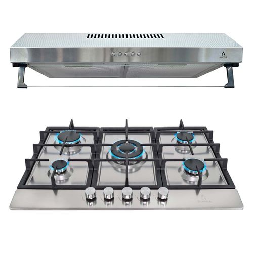 Combo Supra Prato Parrilla a Gas Empotrable con 5 Quemadores y Campana Acero 76cm
