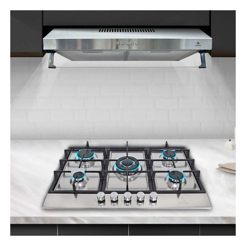 Combo Supra Prato Parrilla a Gas Empotrable con 5 Quemadores y Campana Acero 76cm