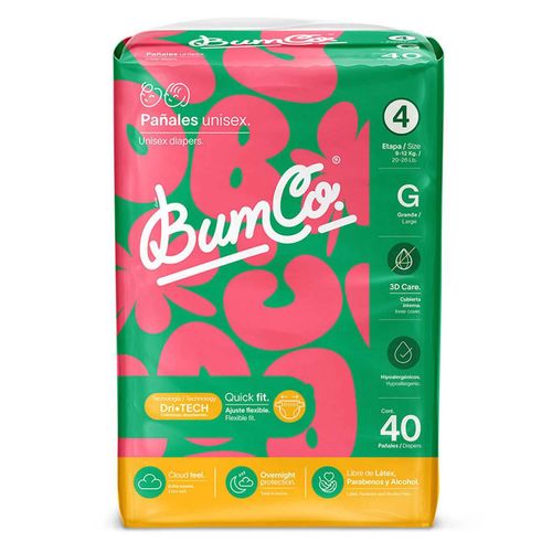 Pañales Bum Co. Etapa 4 Grande (9 a 12 kg) 40 Pañales