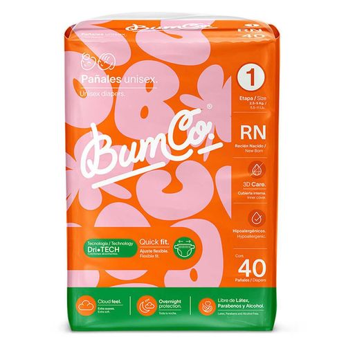 Pañales Bum Co. Etapa 1 Recién Nacido (2.5 a 5 kg) 40 Piezas