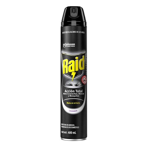 Insecticida en Aerosol Raid Acción Total Mata Cucarachas, Moscas y Mosquitos Lavanda 400ml
