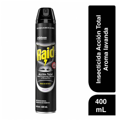Insecticida en Aerosol Raid Acción Total Mata Cucarachas, Moscas y Mosquitos Lavanda 400ml