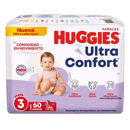 Pañales Huggies UltraConfort Etapa 3 para Niña 60 Pañales.