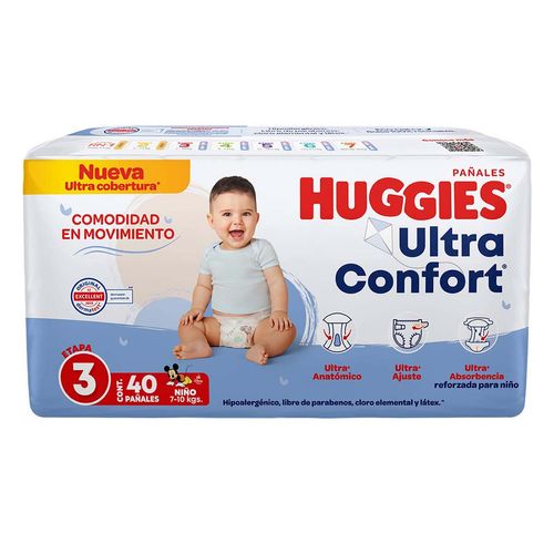 Pañales Huggies UltraConfort Etapa 3 para Niño 40 Pañales.