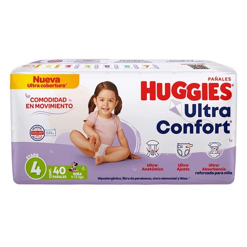 Pañales Huggies UltraConfort Etapa 4 para Niña 40 Pañales.