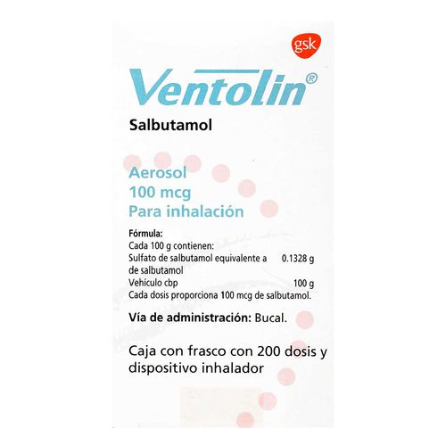 Aerosol Ventolin 100mcg Frasco con 200 Dosis y Dispositivo Inhalador