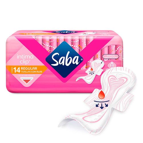 Toallas Femeninas Saba Intima Clip Flujo Abundante con Alas 14 Toallas