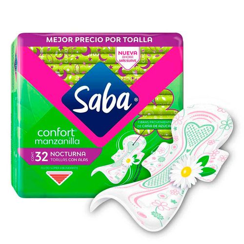 Toallas Femeninas Saba Confort Manzanilla Nocturna con Alas 32 Toallas