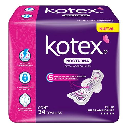 Toallas Femeninas Kotex Nocturna con Alas 34 Toallas