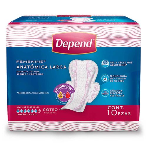 Toallas Femeninas para Incontinencia Depend Anatómica Larga 10 Toallas