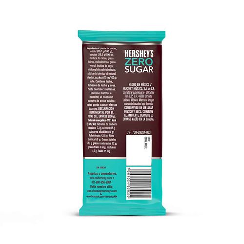 Hershey's Zero Sugar Chocolate Amarga Sin Ázucar 100g