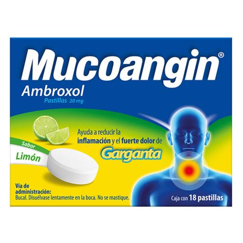Mucoangin Alivio del Dolor degarganta Limón 18 Pastillas de 20 mg