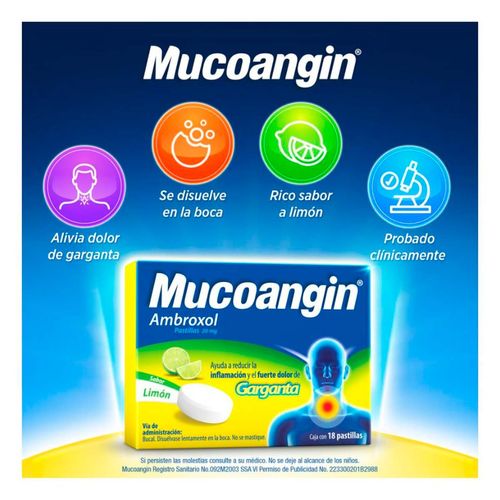 Mucoangin Alivio del Dolor degarganta Limón 18 Pastillas de 20 mg
