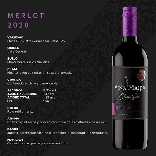 Vino Tinto Chileno Maipo Classic Merlot 750ml