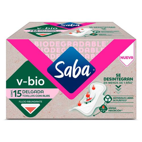 Toalla Femenina Saba V-Bio Delgada 15 Piezas