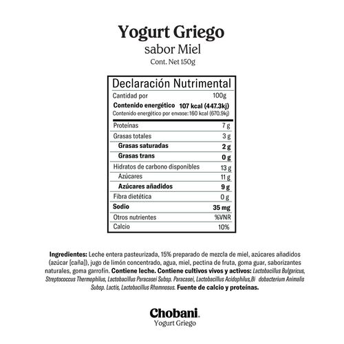 Yogurt Batido Griego Miel Chobani 150g