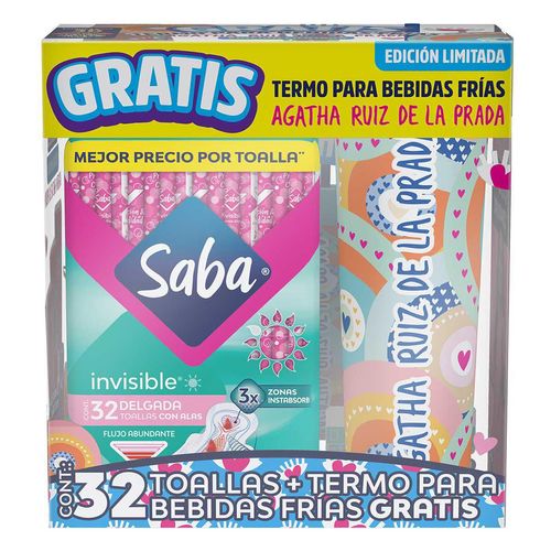 Toallas Femeninas Saba Invisible 32 Piezas + Termo para Bebidas Frías