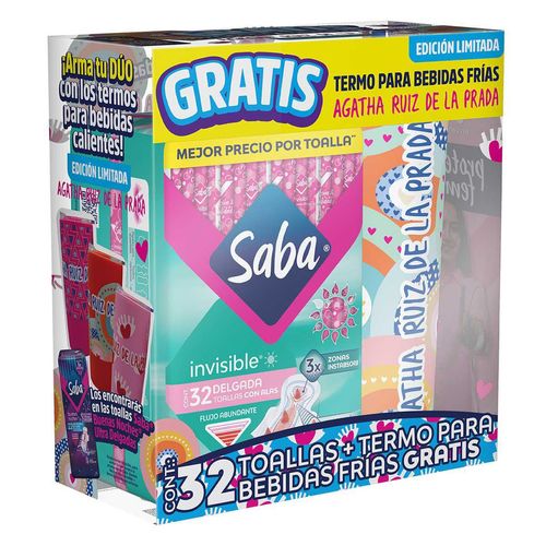 Toallas Femeninas Saba Invisible 32 Piezas + Termo para Bebidas Frías