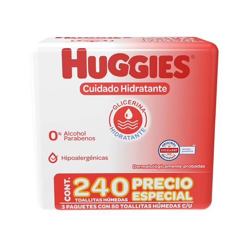 Toallitas Húmedas para Bebé Huggies Cuidado Hidratante 3 Paquetes de 80 Toallitas