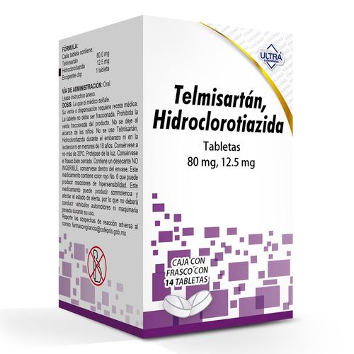 Tabletas Genéricas Telmisartán 80mg/Hidroclorotiazida 12.5mg Caja con 14 Tabletas