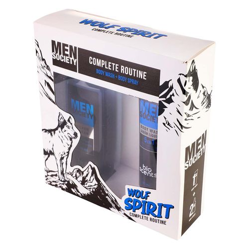 Paquete Men Society Silver Wolf Spirit Fragancia Corporal más Jabón