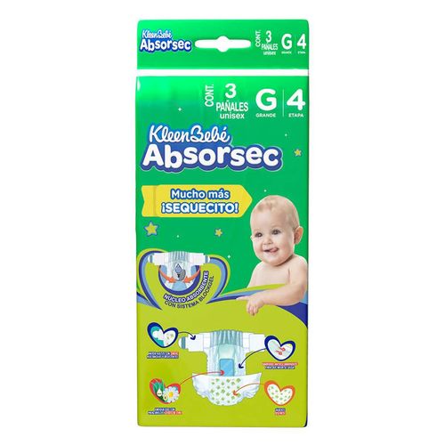 Pañal Unisex KleenBebé Absorsec E4 Talla G 3 Piezas