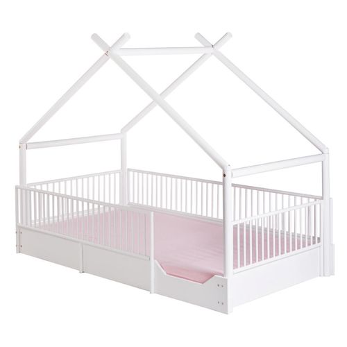Cama Montessori DUDUK Chalet Cercada Color Blanco y Barandales Removibles Tamaño Matrimonial